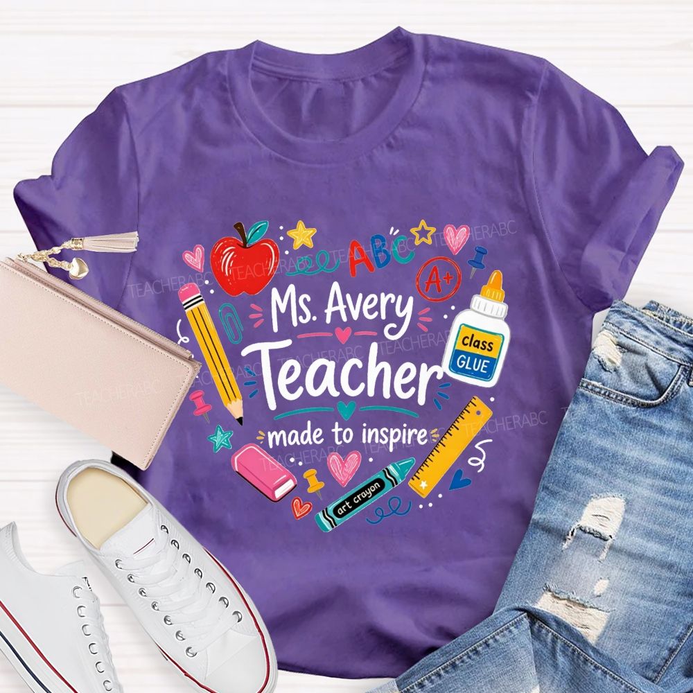 Personalized Name Teacher Made To Inspire School Supplies Wreath Apple Pencil T-shirt
