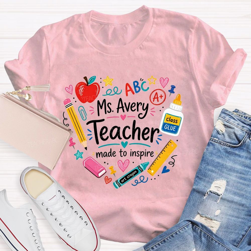 Personalized Name Teacher Made To Inspire School Supplies Wreath Apple Pencil T-shirt
