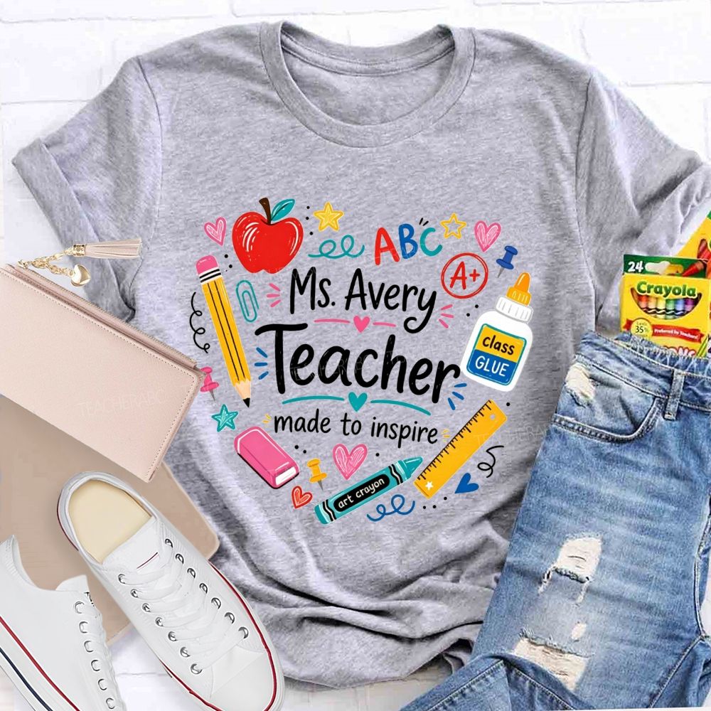 Personalized Name Teacher Made To Inspire School Supplies Wreath Apple Pencil T-shirt