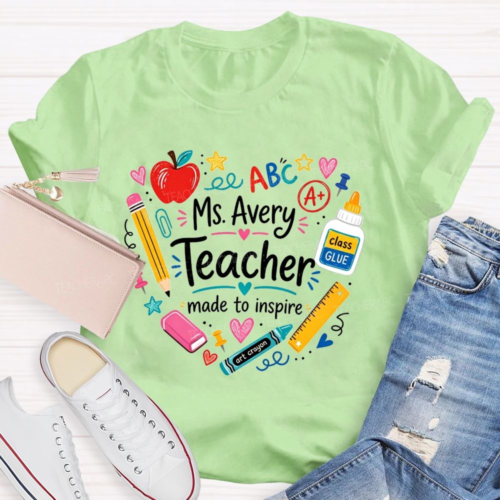 Personalized Name Teacher Made To Inspire School Supplies Wreath Apple Pencil T-shirt