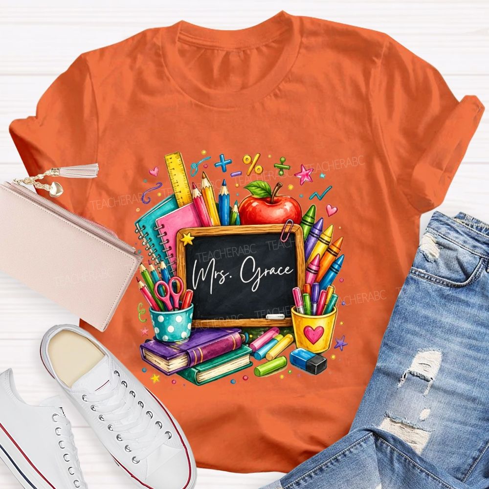 Personalized Name Teacher Watercolor School Supplies Apple Crayon Books T-shirt