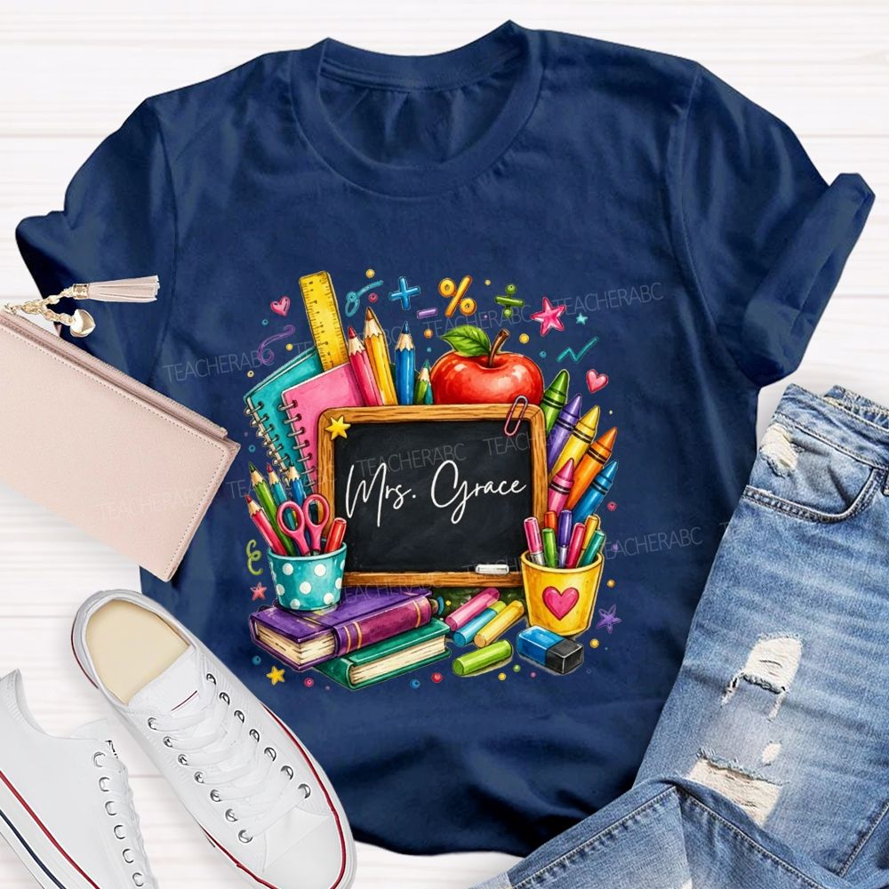 Personalized Name Teacher Watercolor School Supplies Apple Crayon Books T-shirt