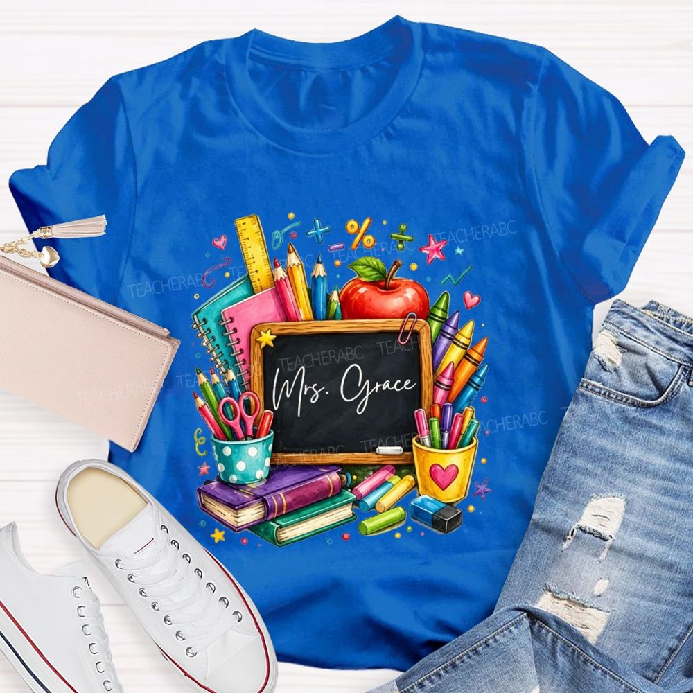 Personalized Name Teacher Watercolor School Supplies Apple Crayon Books T-shirt