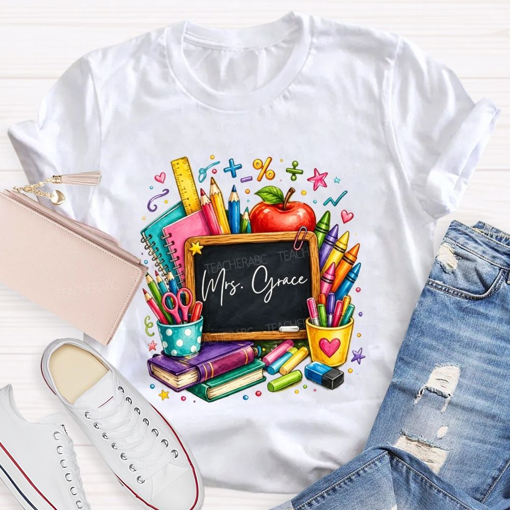 Personalized Name Teacher Watercolor School Supplies Apple Crayon Books T-shirt