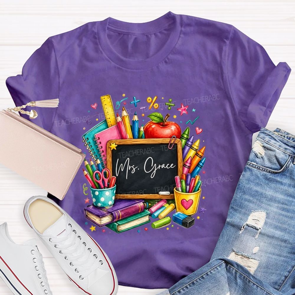 Personalized Name Teacher Watercolor School Supplies Apple Crayon Books T-shirt