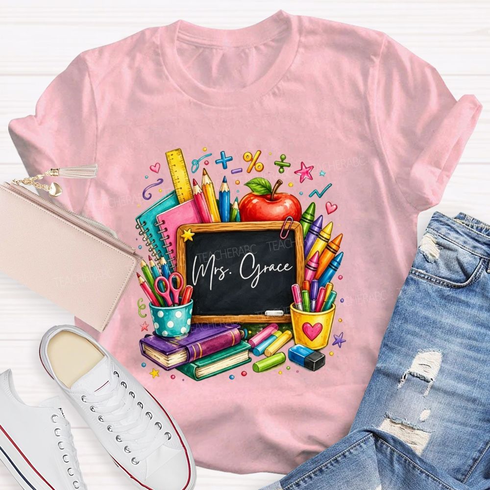 Personalized Name Teacher Watercolor School Supplies Apple Crayon Books T-shirt