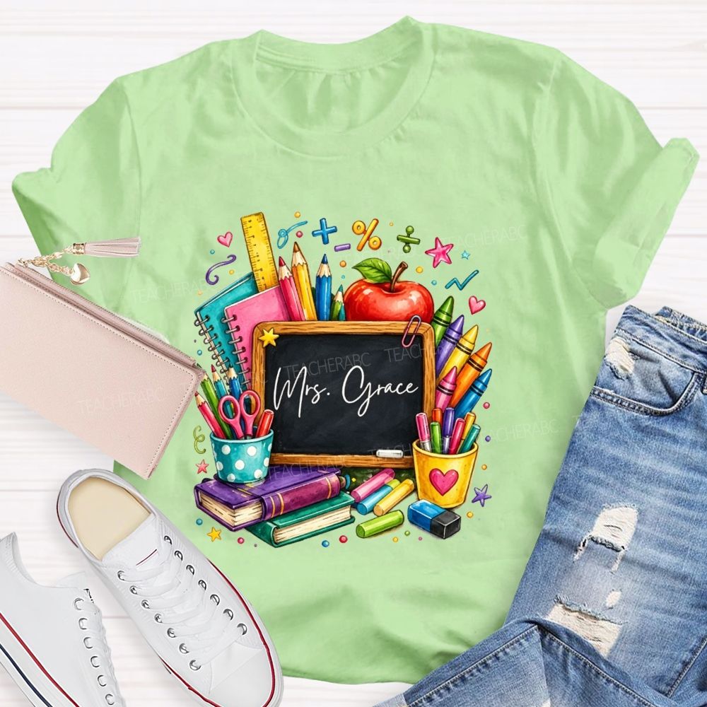 Personalized Name Teacher Watercolor School Supplies Apple Crayon Books T-shirt