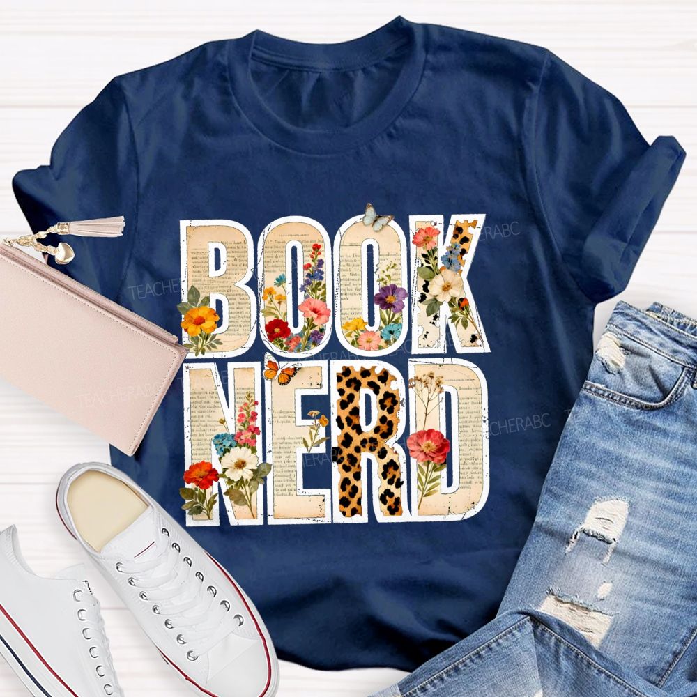 Book Nerd Leopard Flower Teacher T-shirt