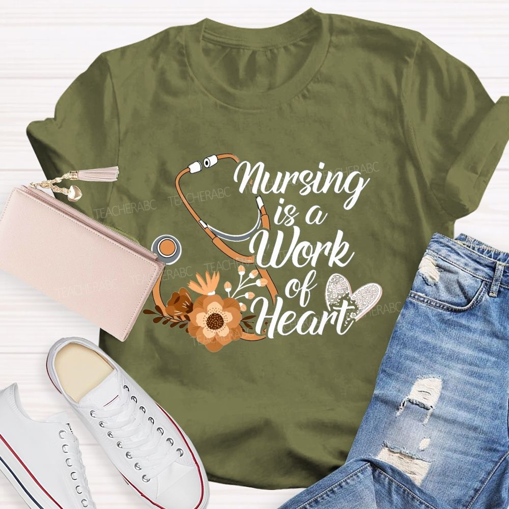 Nursing Is A Work Of Heart Leopard Heart Teacher T-Shirt