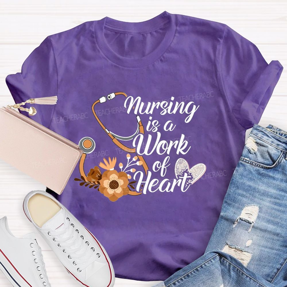 Nursing Is A Work Of Heart Leopard Heart Teacher T-Shirt