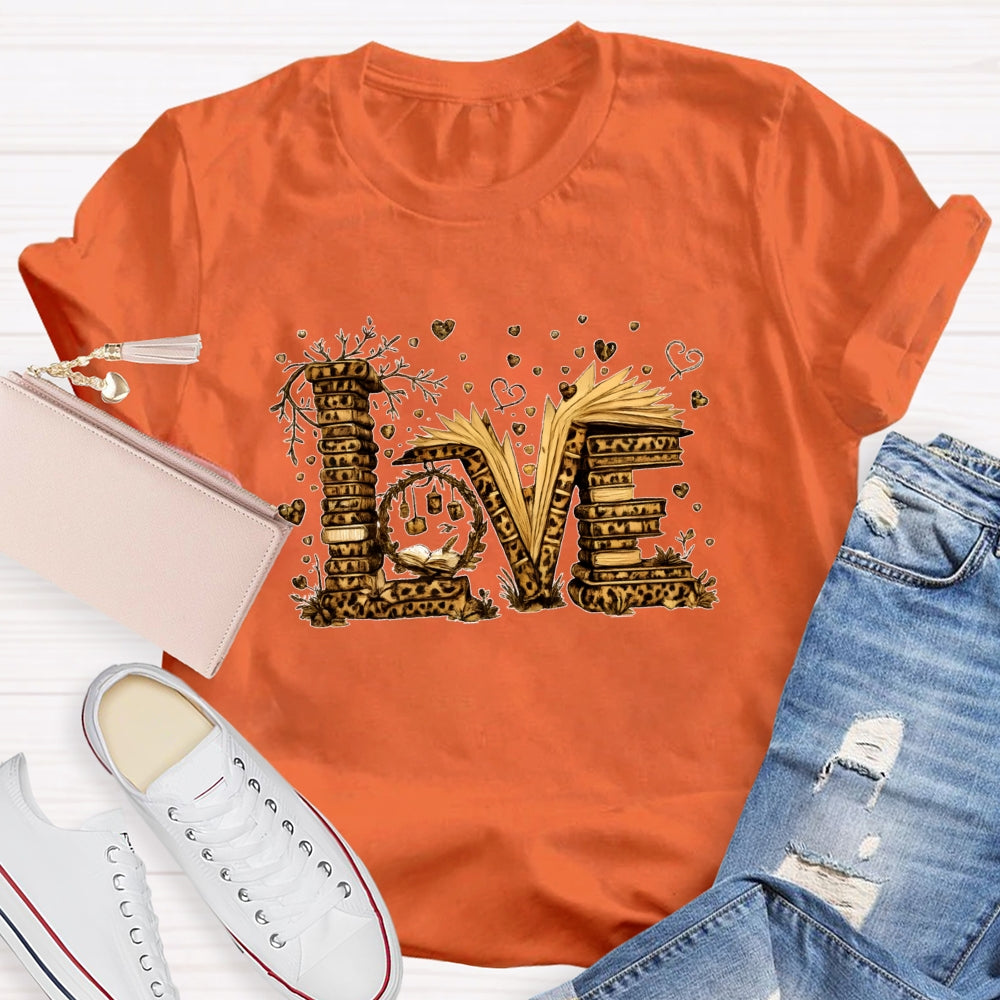 Love Book Vintage Leopard Printed Teacher T-shirt