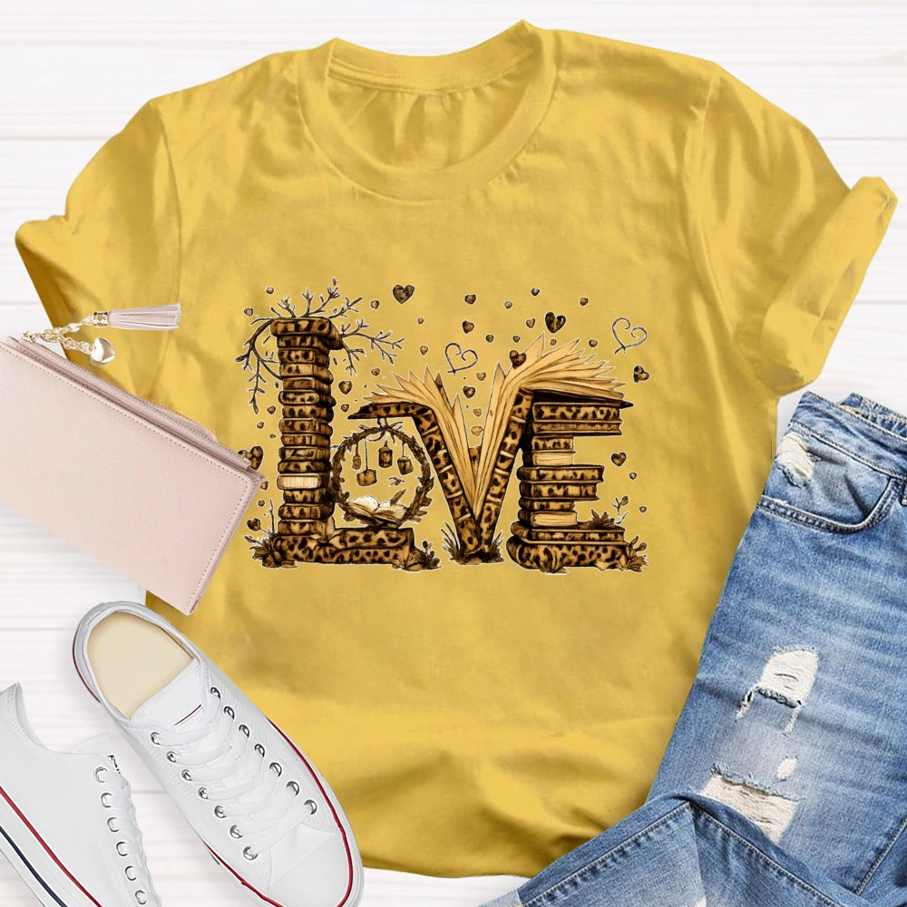 Love Book Vintage Leopard Printed Teacher T-shirt