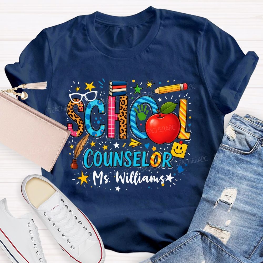 Personalized Name School Counselor Leopard Apple Pencil T-shirt