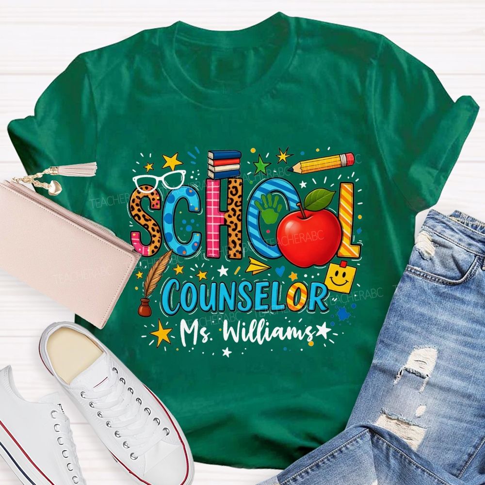 Personalized Name School Counselor Leopard Apple Pencil T-shirt