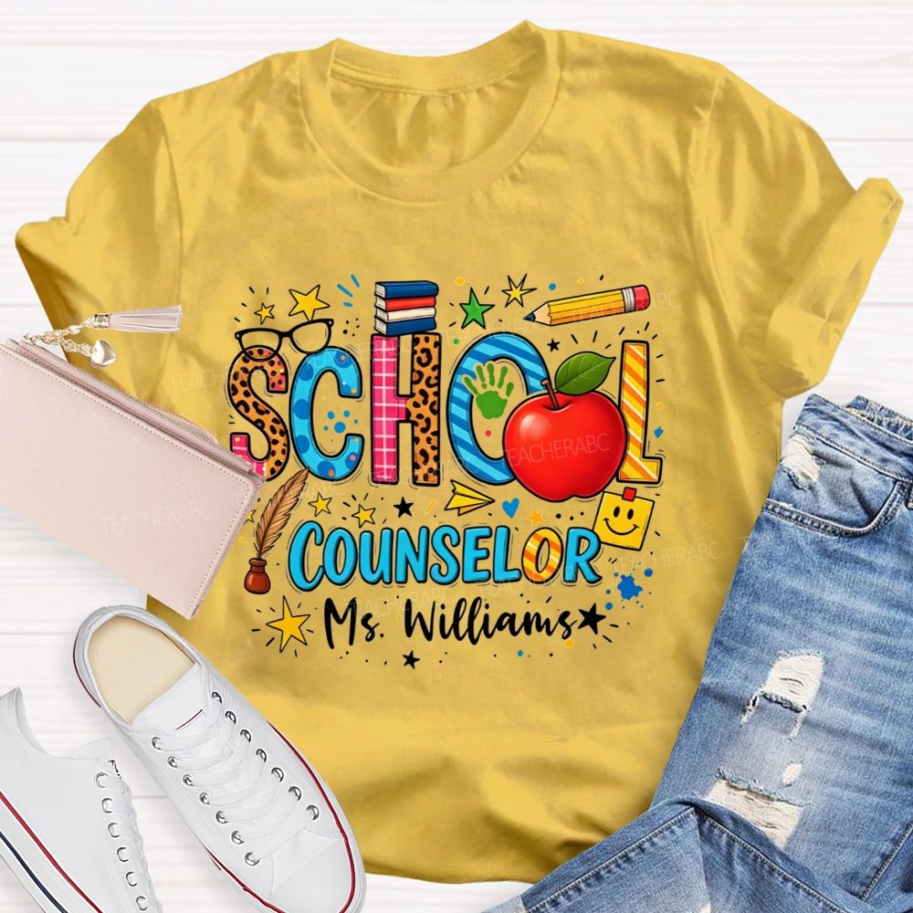 Personalized Name School Counselor Leopard Apple Pencil T-shirt