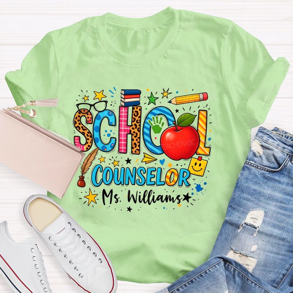 Personalized Name School Counselor Leopard Apple Pencil T-shirt