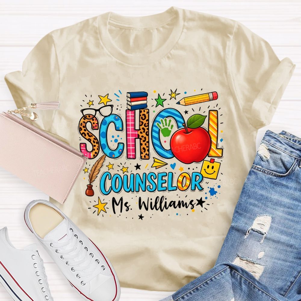 Personalized Name School Counselor Leopard Apple Pencil T-shirt
