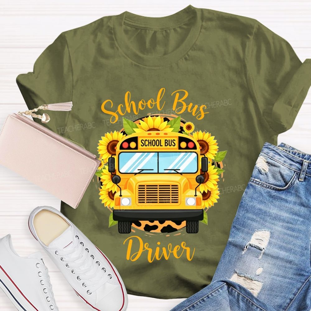 Sunflower Leopard School Bus Driver T-shirt