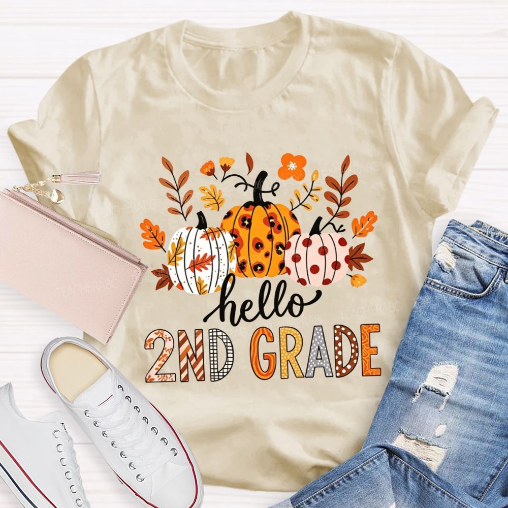 Personalized Grade Hello 2nd Grade Fall Leopard Polka Dot Pumpkins Autumn T-shirt