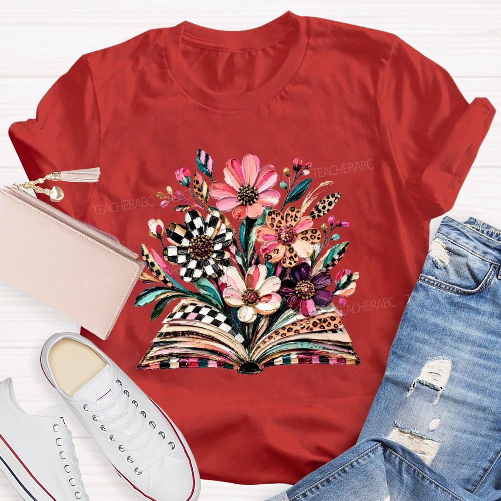 Floral Leopard Book Teacher T-shirt