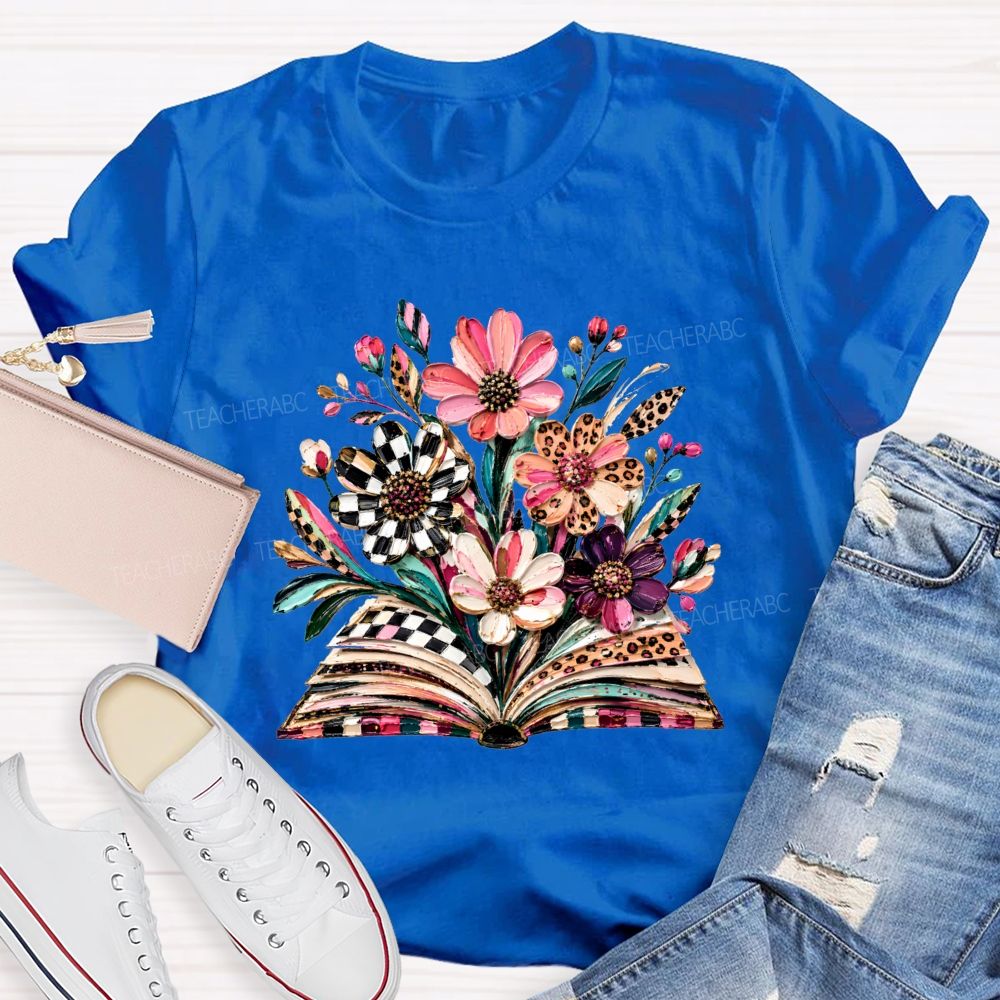 Floral Leopard Book Teacher T-shirt