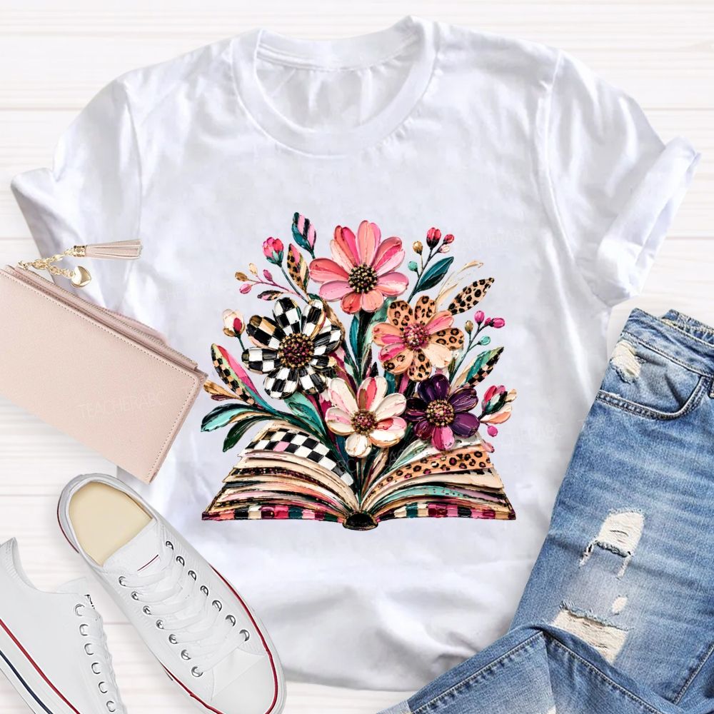 Floral Leopard Book Teacher T-shirt