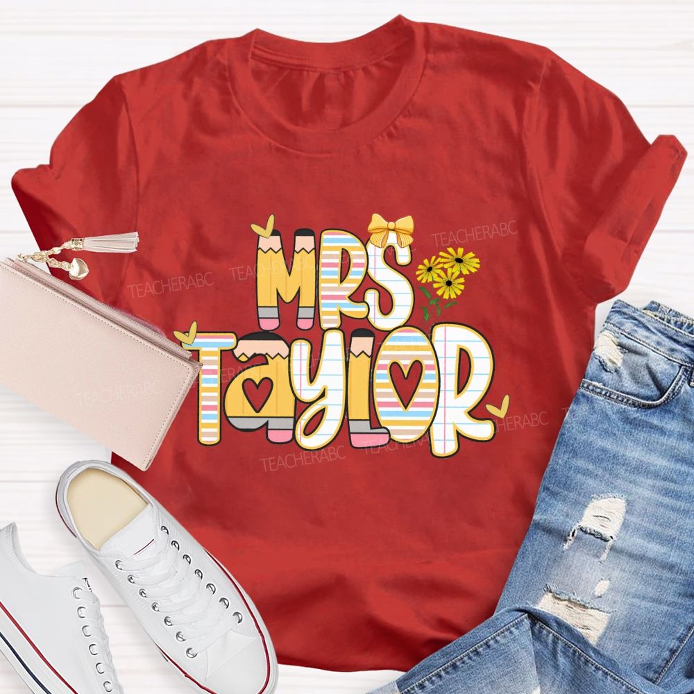 Personalized Name Bright Strip Heart Teacher T-Shirt