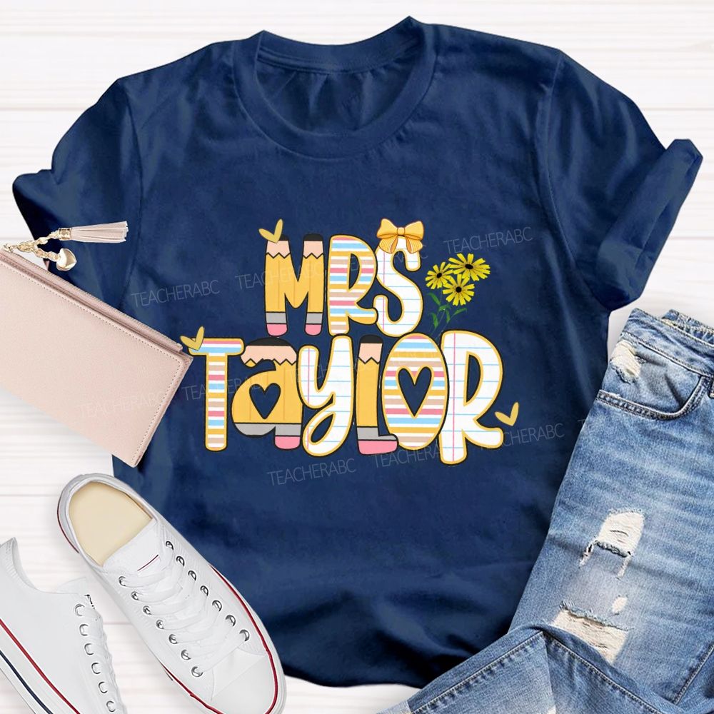 Personalized Name Bright Strip Heart Teacher T-Shirt