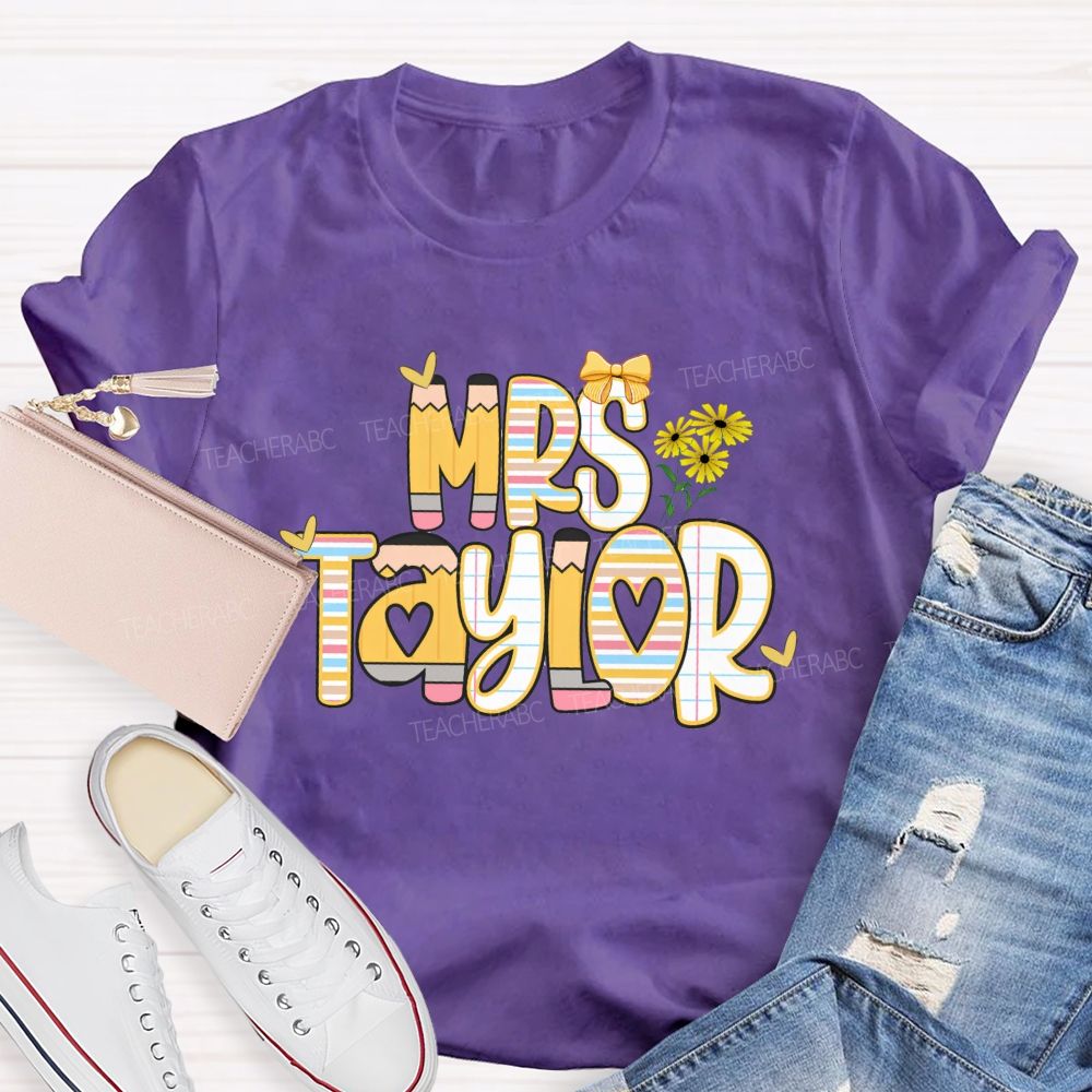 Personalized Name Bright Strip Heart Teacher T-Shirt