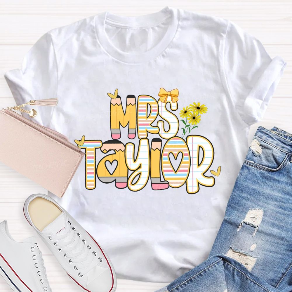 Personalized Name Bright Strip Heart Teacher T-Shirt