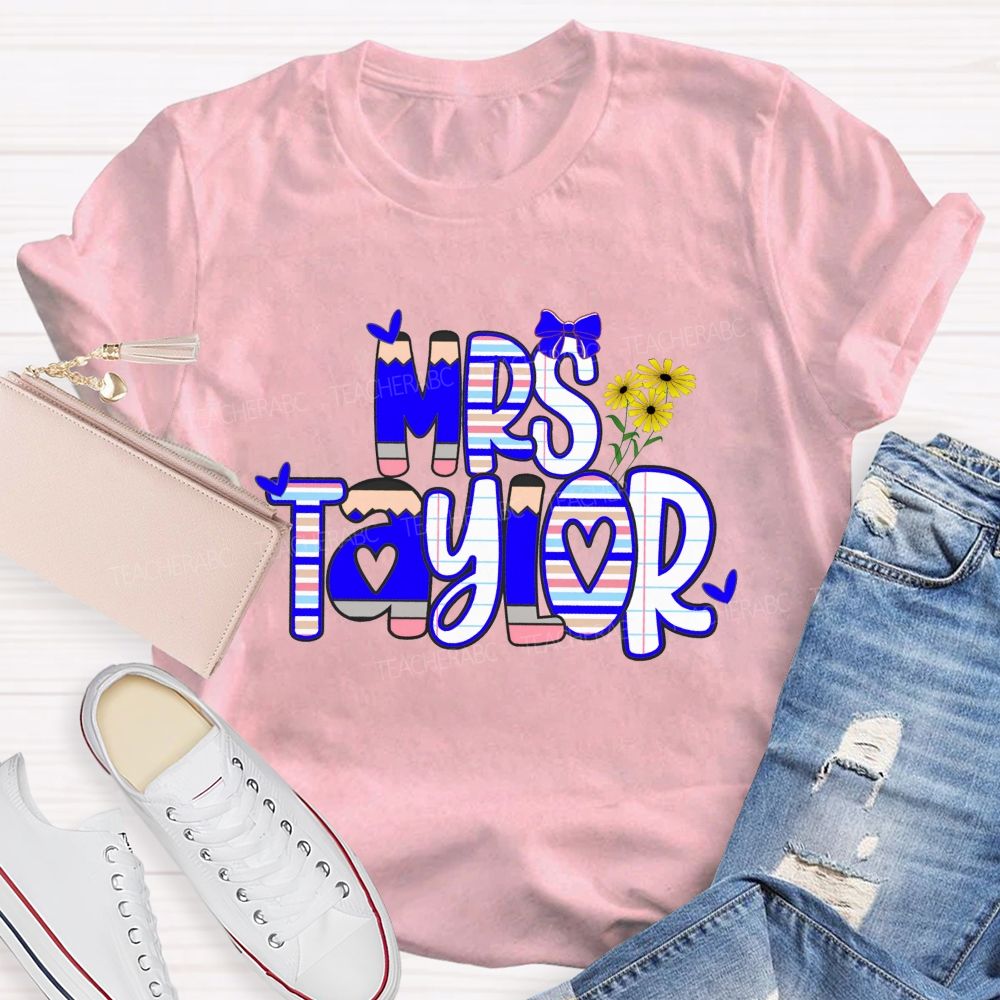 Personalized Name Bright Strip Heart Teacher T-Shirt
