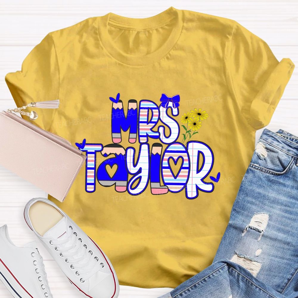 Personalized Name Bright Strip Heart Teacher T-Shirt