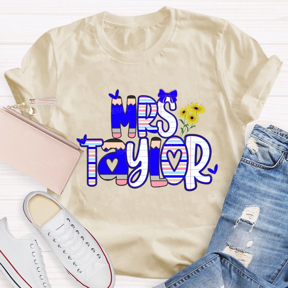 Personalized Name Bright Strip Heart Teacher T-Shirt
