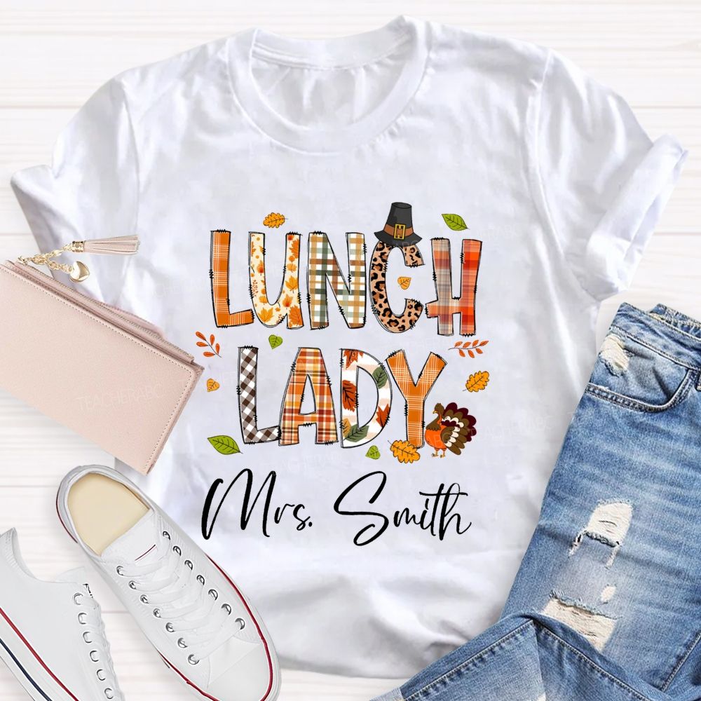 Personalized Name Lunch Lady Leopard Fall Season Teacher T-Shirt