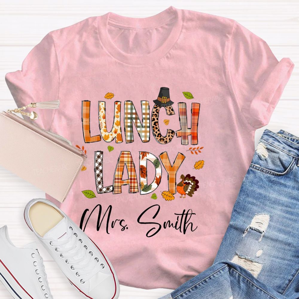 Personalized Name Lunch Lady Leopard Fall Season Teacher T-Shirt