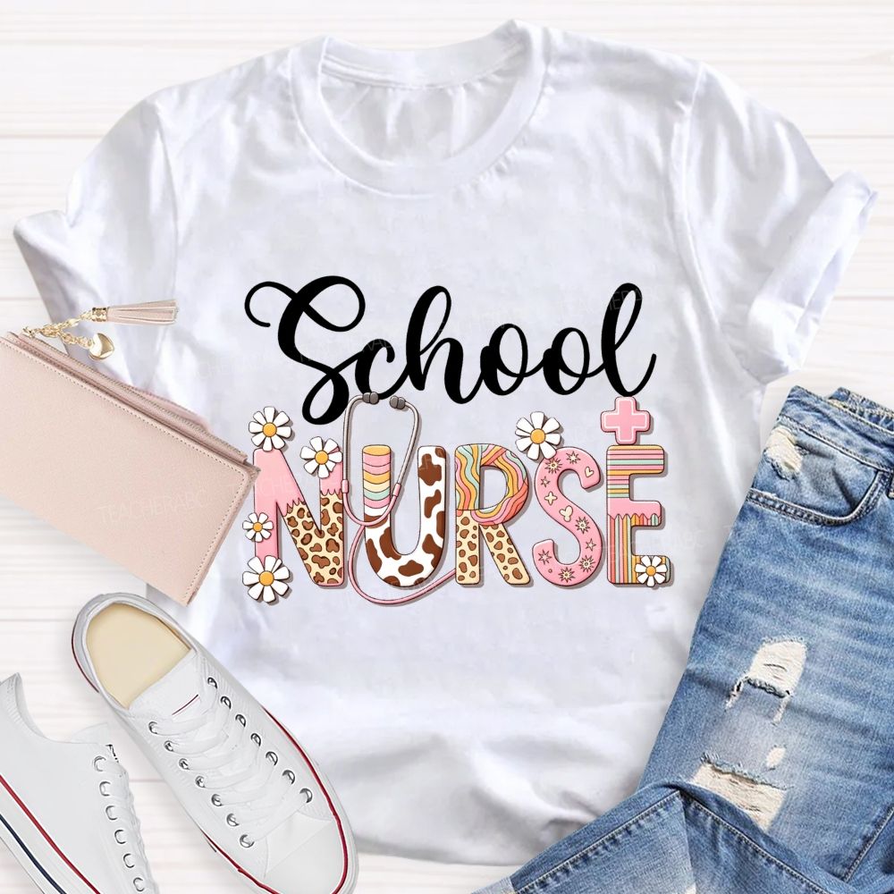 School Nurse Leopard Daisy Stethoscope T-shirt
