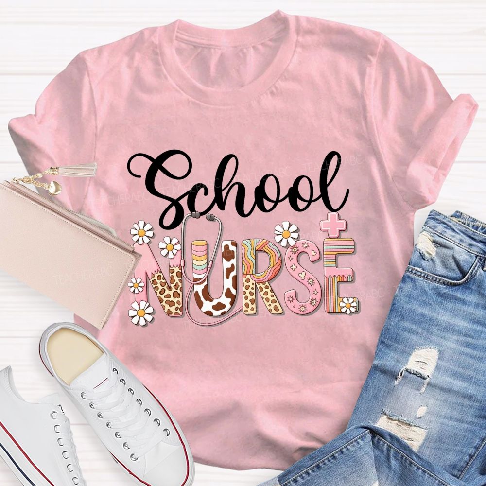 School Nurse Leopard Daisy Stethoscope T-shirt