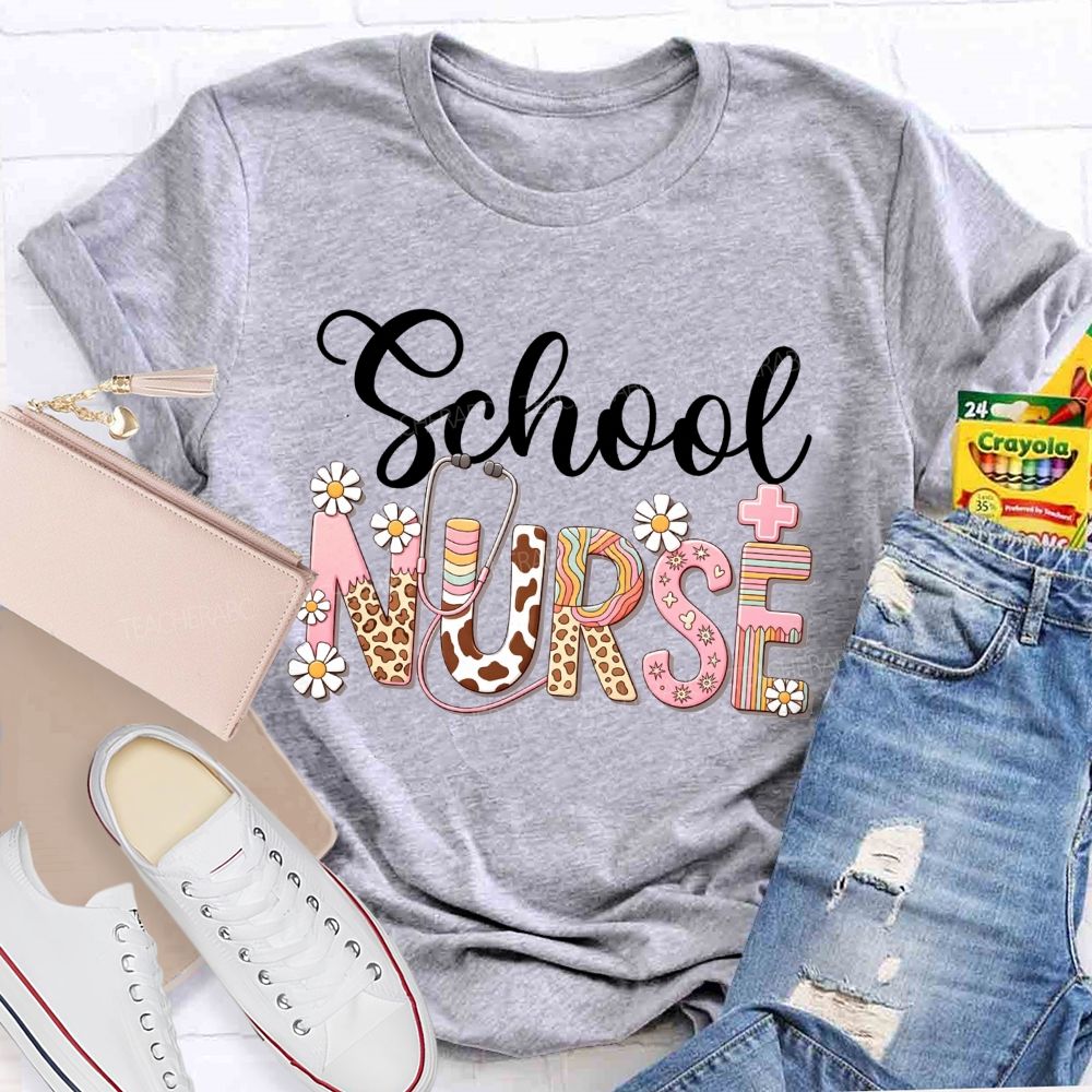 School Nurse Leopard Daisy Stethoscope T-shirt