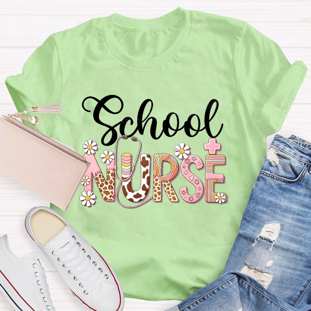 School Nurse Leopard Daisy Stethoscope T-shirt