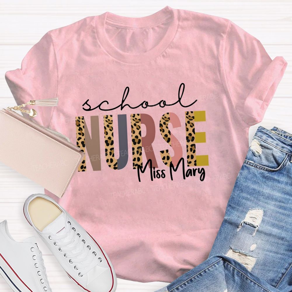 Personalized Name School Nurse Leopard Letter Teacher T-Shirt