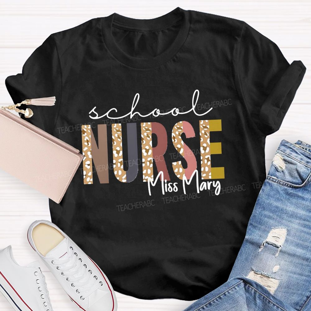 Personalized Name School Nurse Leopard Letter Teacher T-Shirt