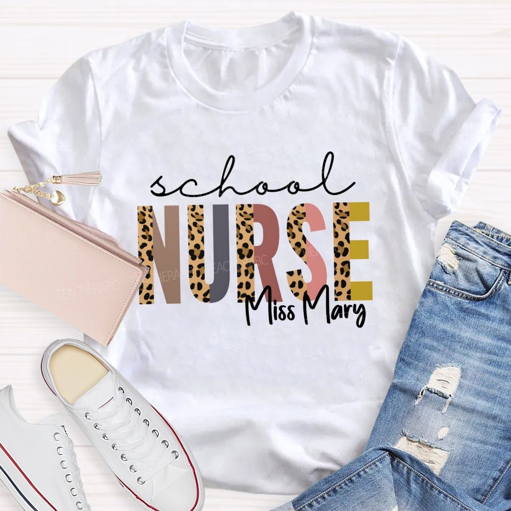 Personalized Name School Nurse Leopard Letter Teacher T-Shirt