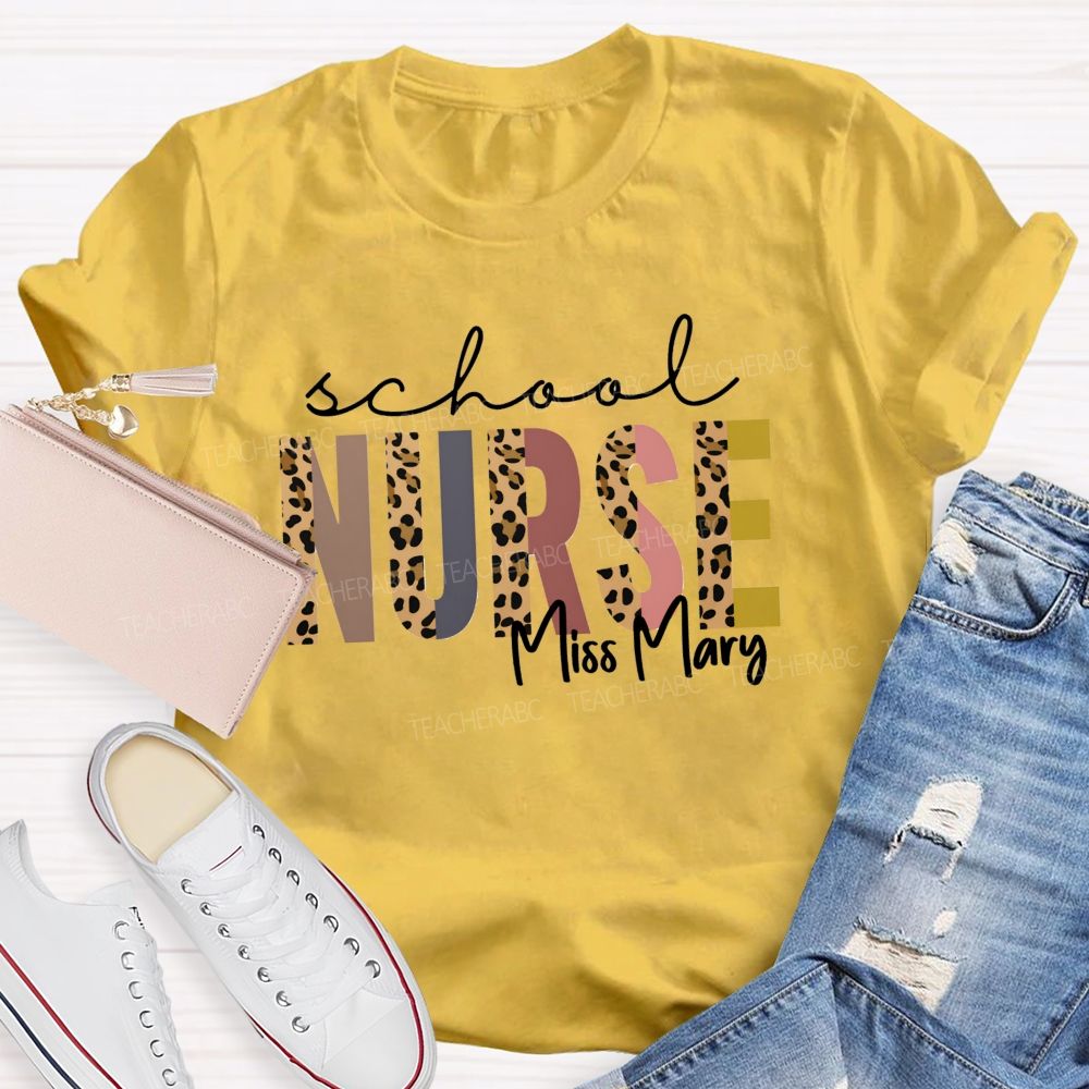 Personalized Name School Nurse Leopard Letter Teacher T-Shirt