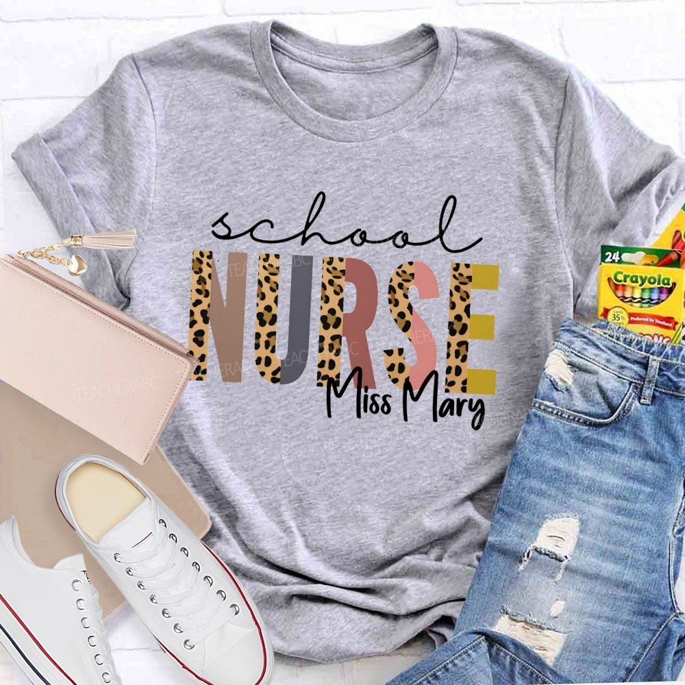Personalized Name School Nurse Leopard Letter Teacher T-Shirt