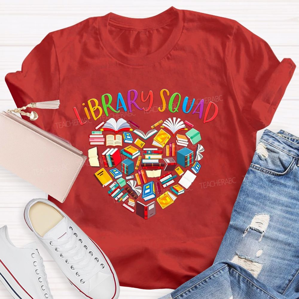 Library Squad Heart Shaped Books Teacher T-shirt