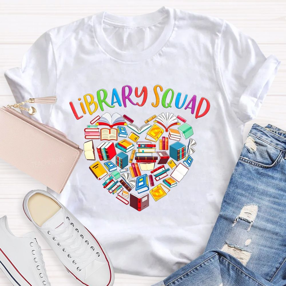 Library Squad Heart Shaped Books Teacher T-shirt