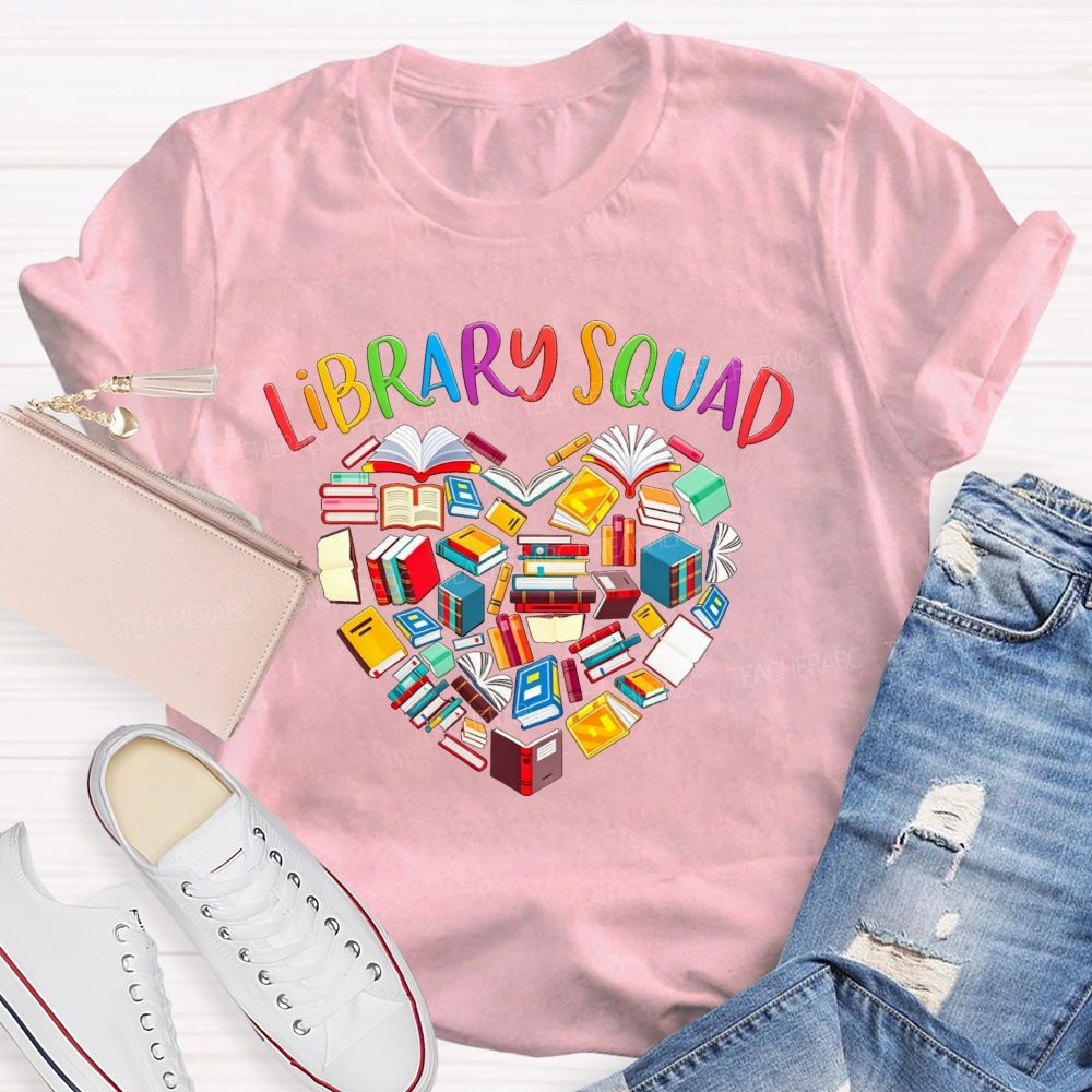 Library Squad Heart Shaped Books Teacher T-shirt