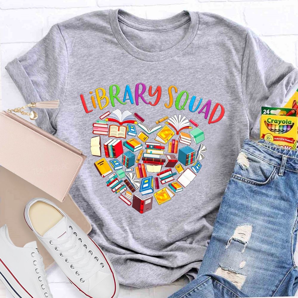 Library Squad Heart Shaped Books Teacher T-shirt
