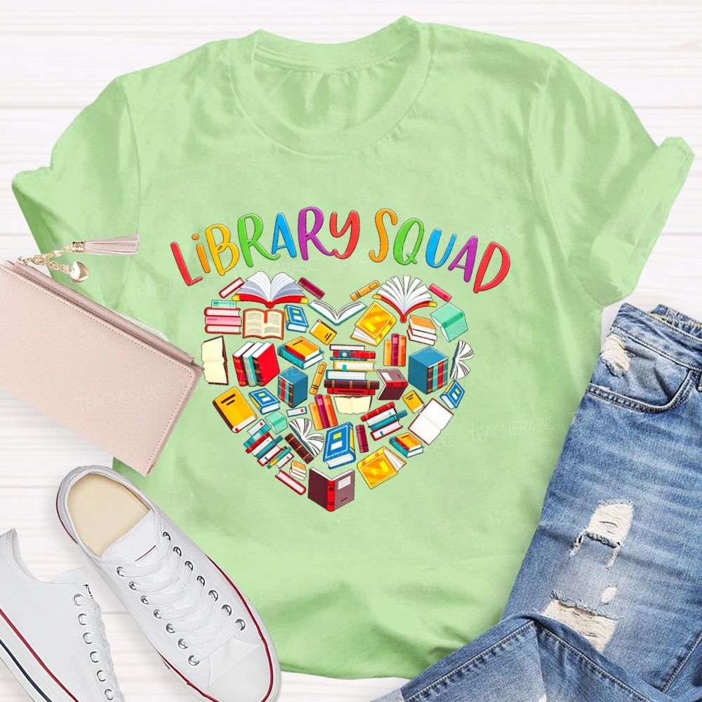 Library Squad Heart Shaped Books Teacher T-shirt