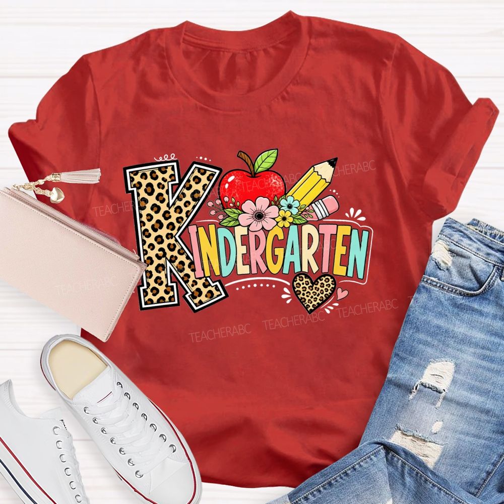 Personalized Grade Kindergarten Leopard Print And Apple Flower Teacher T-shirt